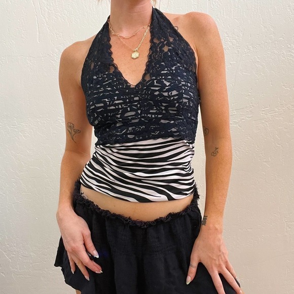 Tops - Vintage Y2K Halter Black Lace Animal Print Stretch Tank Top